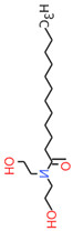 Structure chimique représentative du LDE, avec notation SMILES : CCCC(=O)N(CCO)CCO